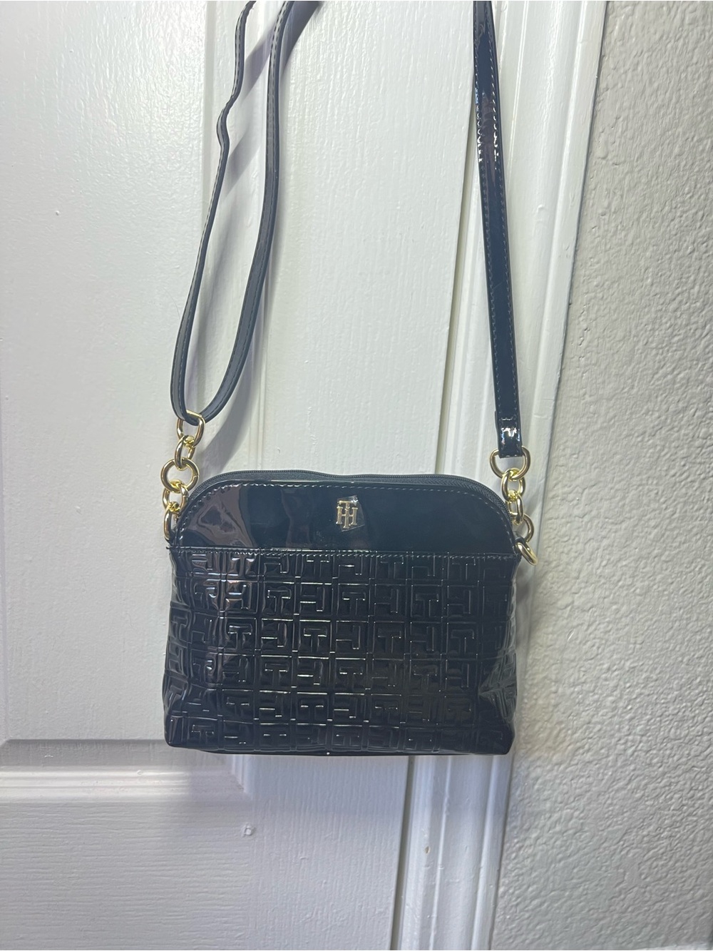 Tommy Hilfiger Glossy Black Patent Crossbody with Gold Hardware